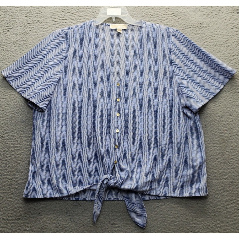 Michael Kors Blouse Womens 1X Multi Striped Short Sleeve Button Front Knot Hem